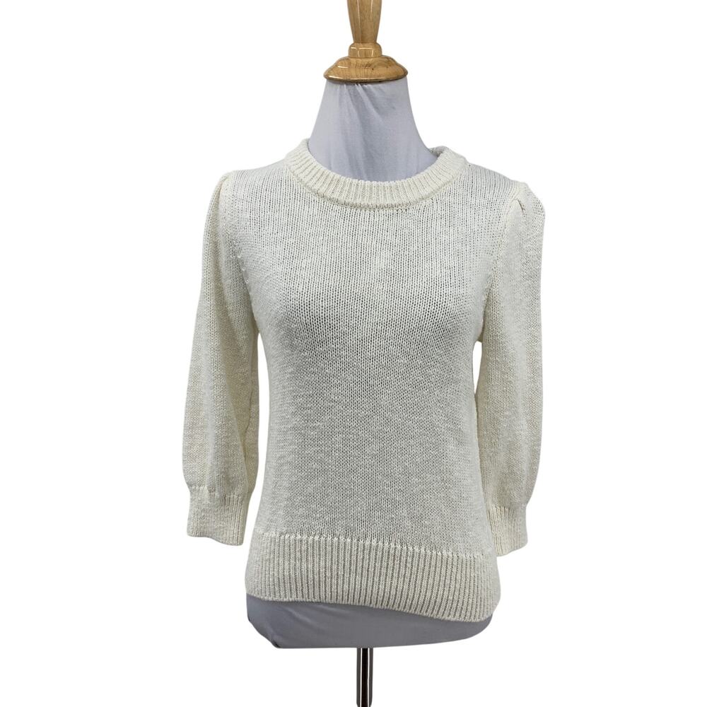 Evereve Sweater Womens XS Ivory Organic Cotton Linen Blend Knit Puff Half Sleeve